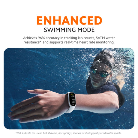 Fitness tracker on wrist with black band and bright display, worn during swimming