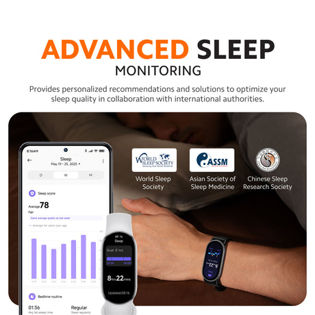 Fitness tracker on wrist with dark screen showing sleep monitoring UI in blue and purple