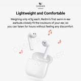 White Redmi Buds 3 earbuds with stems, shown outside the case