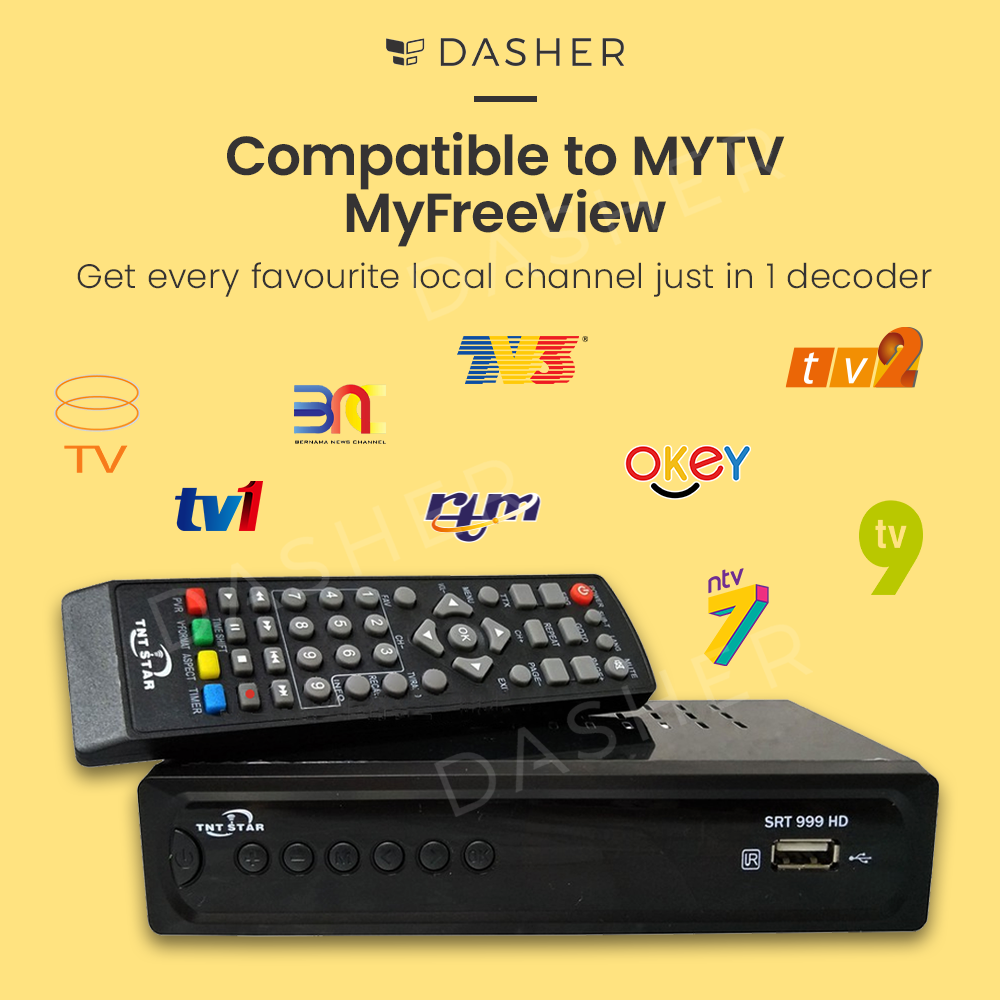 Black DVB-T2 TV decoder and remote control, front buttons and indicator lights
