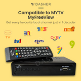 Black DVB-T2 TV decoder and remote control, front buttons and indicator lights