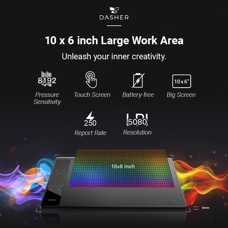 10x6 inch work area graphics tablet with stylus, dark screen and touch controls