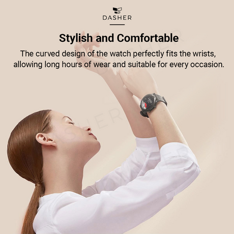 Black Haylou smartwatch on wrist, round screen showing health metrics and time