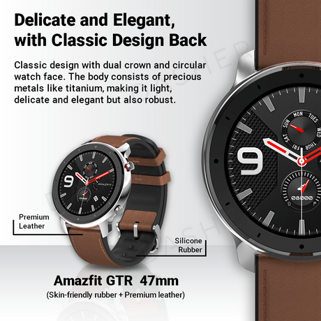 Amazfit GTR 47mm smartwatch with brown leather strap and silver bezel