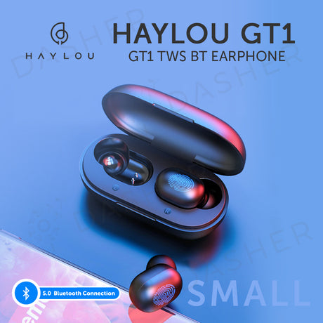 Haylou GT1 black wireless earbuds with charging case, one earbud lit indicator pattern