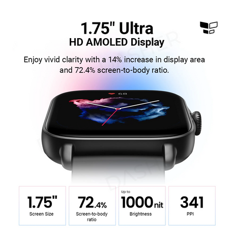 Smartwatch GTS 3 close-up with black case, wide color display and heart-rate graphic