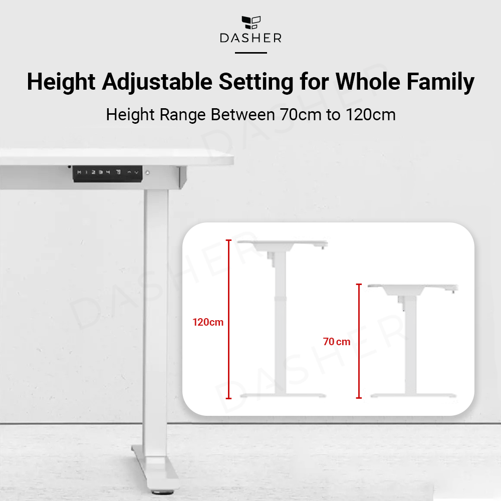 Height adjustable desk with lift range 70–120cm (120x60cm size shown)