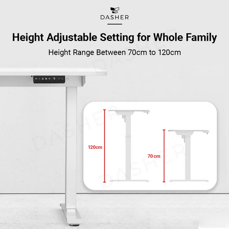 Height adjustable desk with lift range 70–120cm (120x60cm size shown)