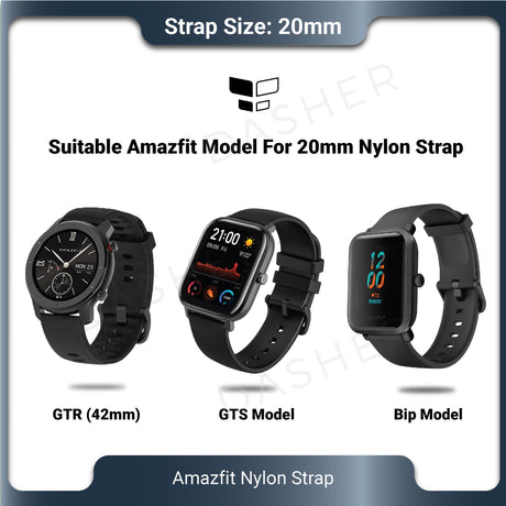 20mm nylon watch strap, compatible for Amazfit models with matching 20mm width