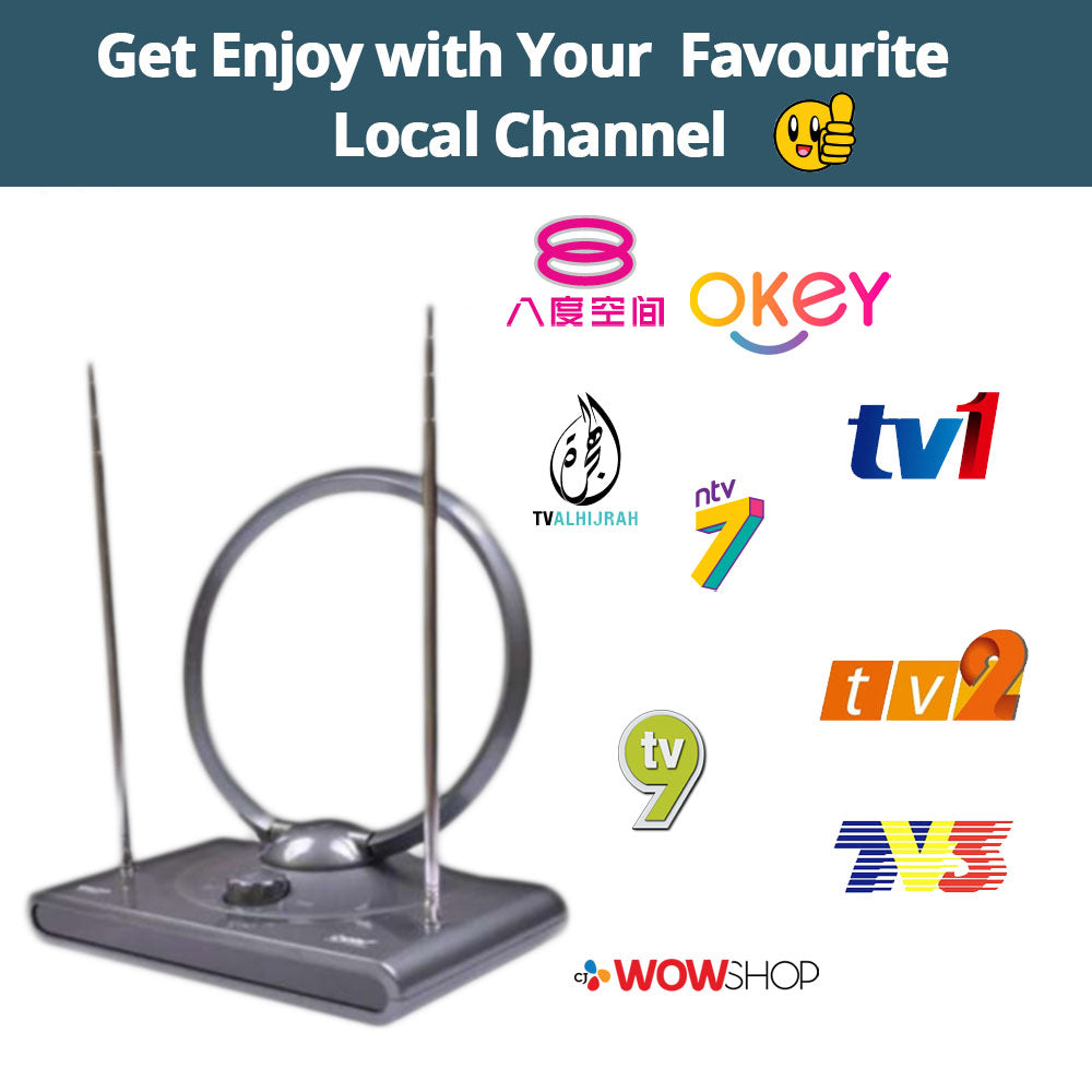 Digital indoor antenna stand with circular frame and two tall metal antenna poles