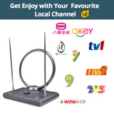 Digital indoor antenna stand with circular frame and two tall metal antenna poles