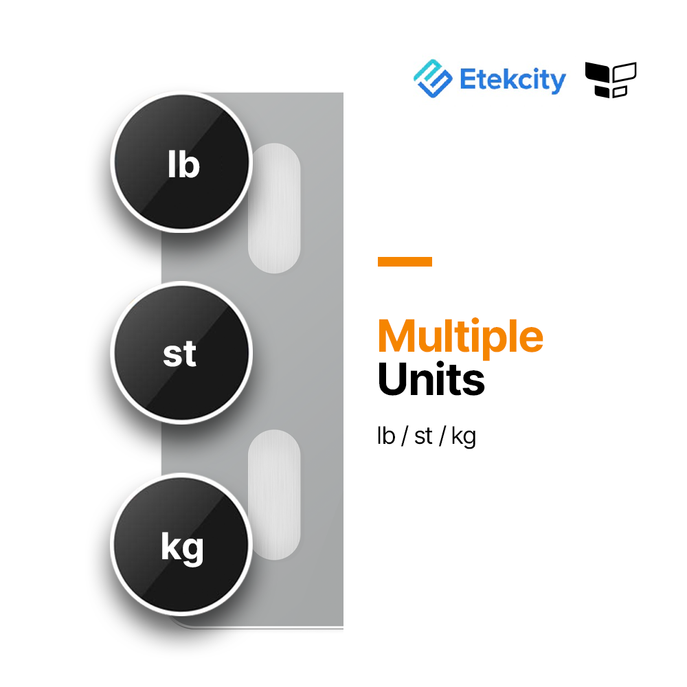 Body fat scale unit options: lb, st, and kg on a display graphic