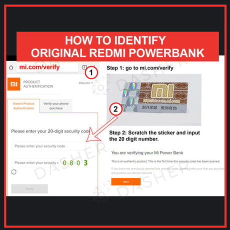 Redmi power bank authenticity verification screen for 20-digit security code