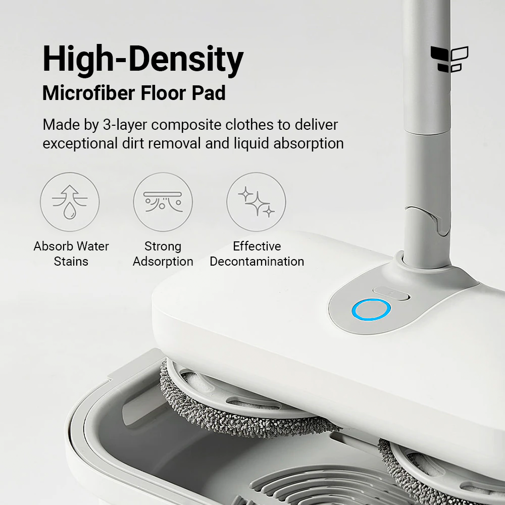 Microfiber floor pads installed under mop head, grey loop-texture