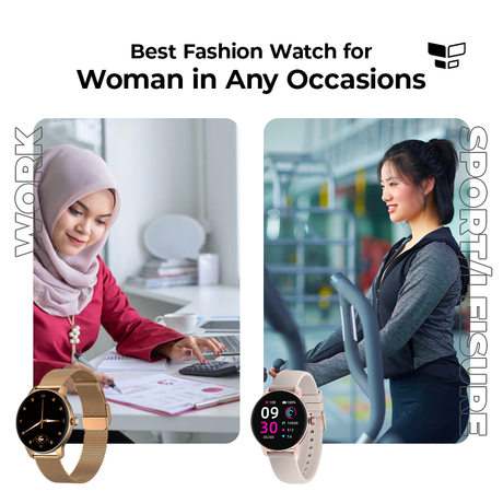 Round smartwatch faces with dark dials on pale straps, Lady Smart Watch L11