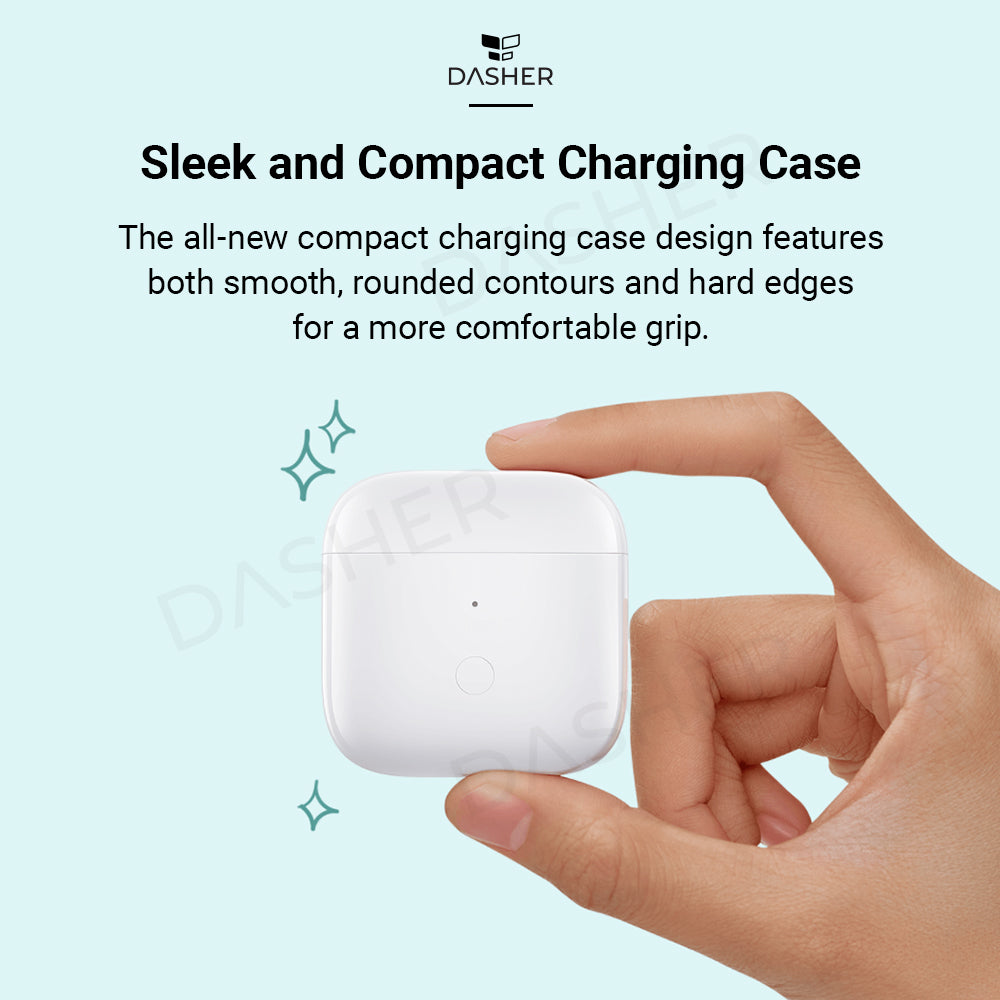 White Redmi Buds 3 compact charging case, held in hand
