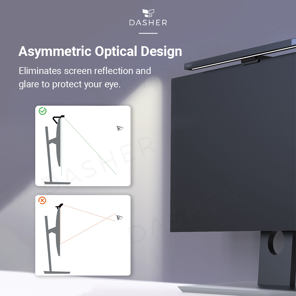 Monitor light bar with asymmetric light opening designed to reduce screen glare