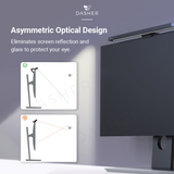 Monitor light bar with asymmetric light opening designed to reduce screen glare