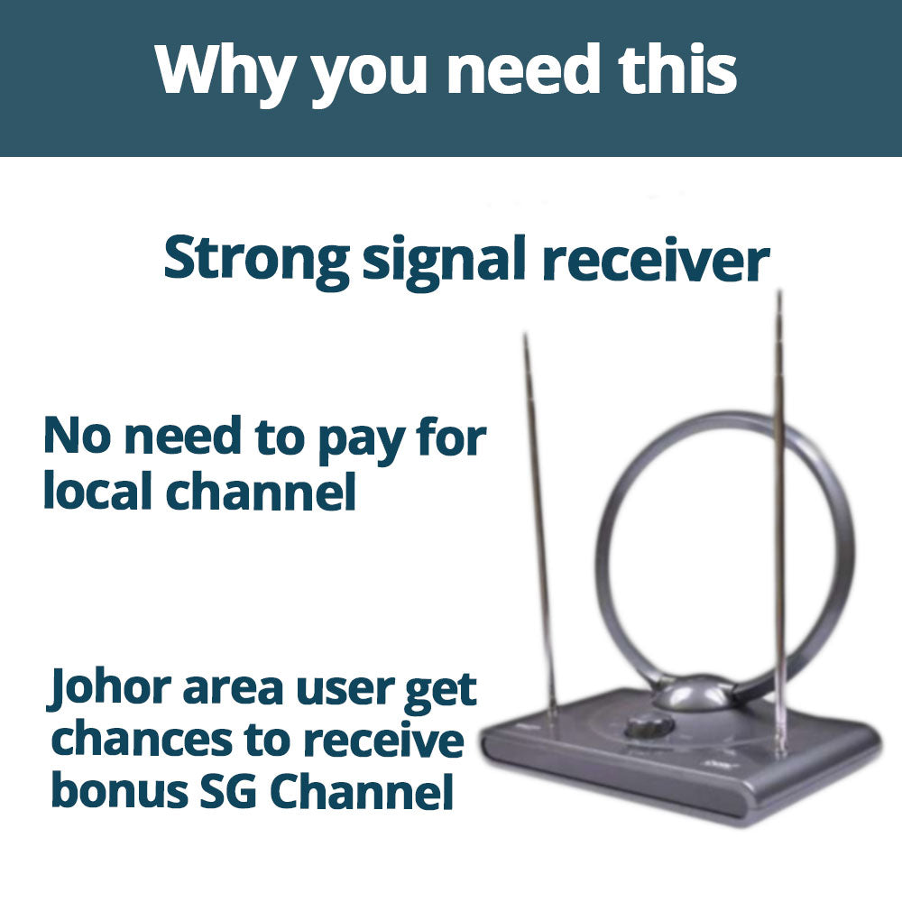 Indoor DVB-T2 receiver antenna with circular loop and two vertical rods on base