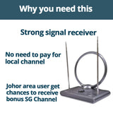 Indoor DVB-T2 receiver antenna with circular loop and two vertical rods on base