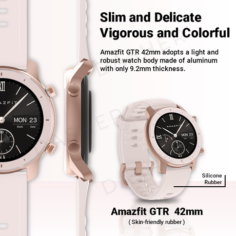 Amazfit GTR 42mm smartwatch with light silicone strap and black round face