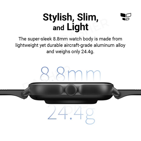 Smartwatch GTS 3 slim side view with black case, strap, and ridged crown