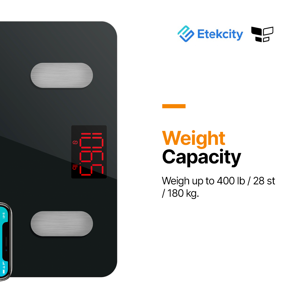 Body fat scale weight capacity graphic: up to 400 lb / 28 st / 180 kg
