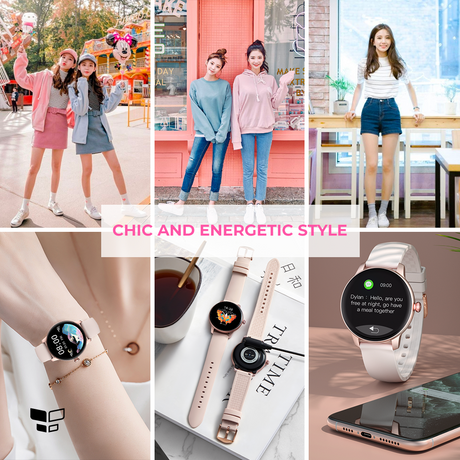 Smartwatch with dark round display on a light pink strap worn on wrist