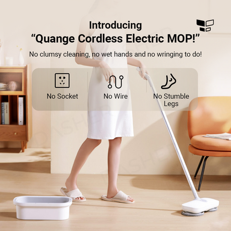 Cordless electric mop standing on floor with two rotating microfiber pads