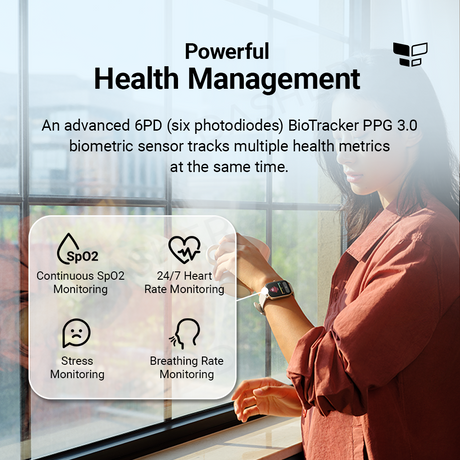 Smartwatch GTS 3 with health icons on screen, black strap and side control button