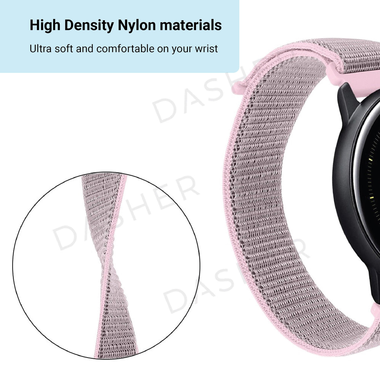 Rose pink 20mm nylon watch strap with soft woven texture and end clasp