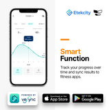 Body fat scale app screenshot with weight chart and sync function badges