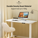 White adjustable desk with wide tabletop and sturdy dual-column frame