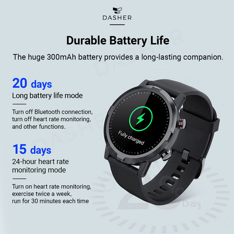 Black smartwatch with round display showing charging and battery life icon