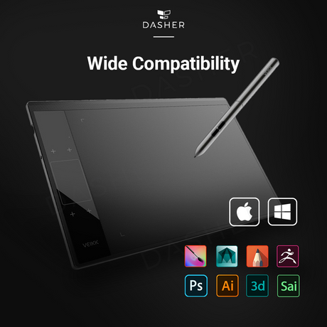 Drawing tablet with software compatibility icons, plus stylus and side button panel