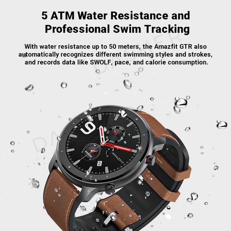 Amazfit GTR smartwatch with brown leather strap, black bezel, wet water droplets