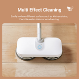Grey microfiber floor pads on mop base, two-disc cleaning surface