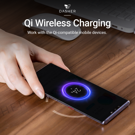 Smart lifting desk with Qi wireless charging pad on tabletop