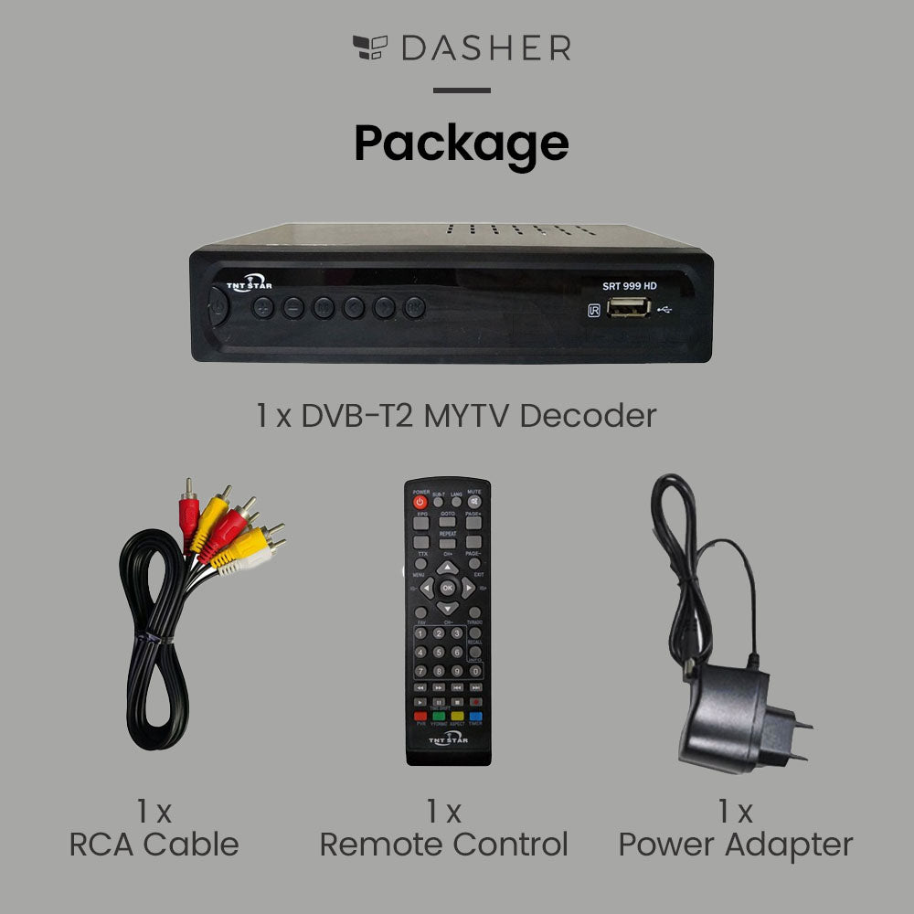 Package contents: DVB-T2 decoder, remote control, RCA cables, power adapter