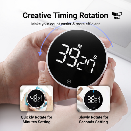 Timer in der Hand, rundes Gehäuse mit schwarzem LED-Display und M-/S-Anzeige