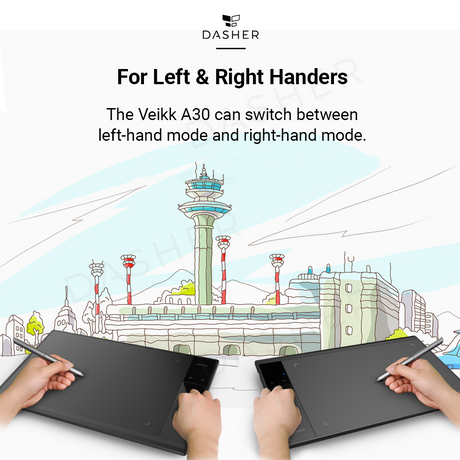 Left and right hand mode tablet with touchscreen and stylus