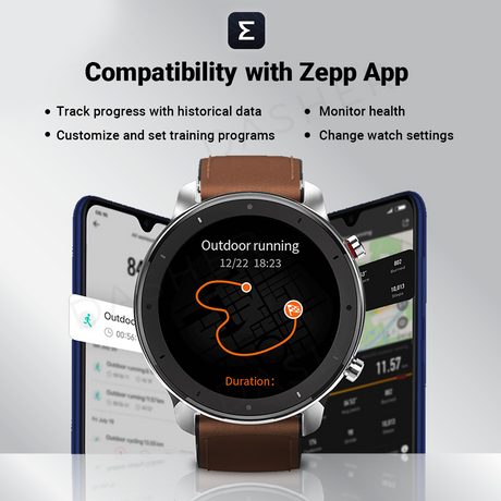 Amazfit GTR smartwatch with brown leather strap, black display showing activity map