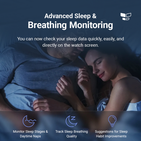Smartwatch GTS 3 showing sleep and breathing monitoring on the display
