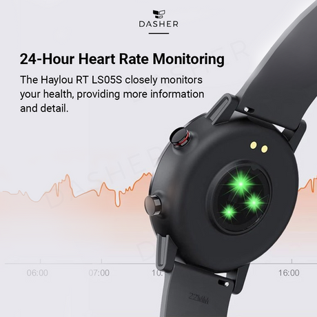 Haylou RT LS05S smartwatch, back with heart-rate sensor and black silicone strap