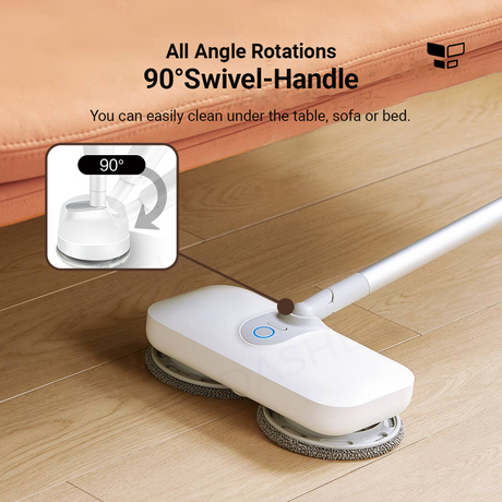 Cordless electric mop with 90° swivel handle and two-pad cleaning head