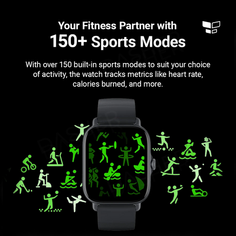 Smartwatch GTS 3 with green sports-mode icons on display and black strap