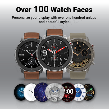 Amazfit GTR smartwatch with brown leather strap and multiple watch face styles