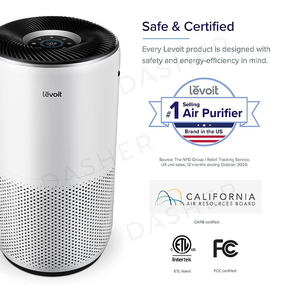 White air purifier with black top grille and control panel