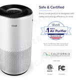 White air purifier with black top grille and control panel
