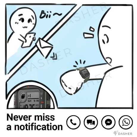Black smartwatch with digital display and notification icons